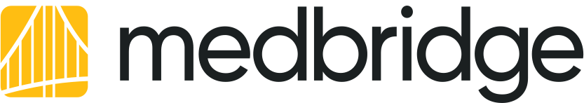 Medbridge logo with bold black lowercase text next to a yellow and white abstract graphic on the left.